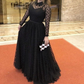 Black A-line Long Sleeves Prom Dress,Black Evening Dress Y5691
