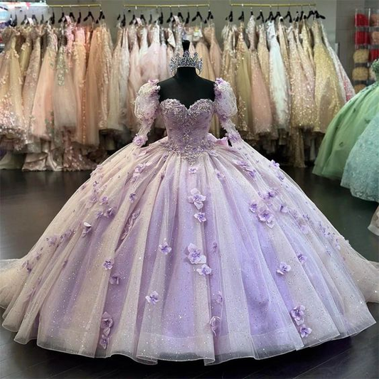 Lilac 3D Flowers Ball Gown Quinceanera Dresses Puff Long Sleeves  Y6580