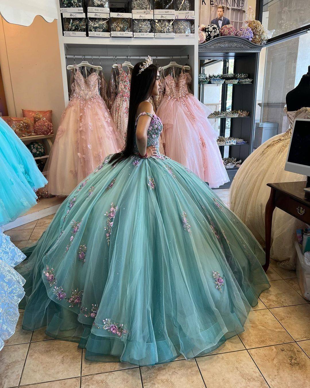 Lake Blue Princess Ball Gown 3D Flowers Quinceanera Dresses Off Shoulder Appliques Beaded Maxi Sweet 16 Dress Y2632