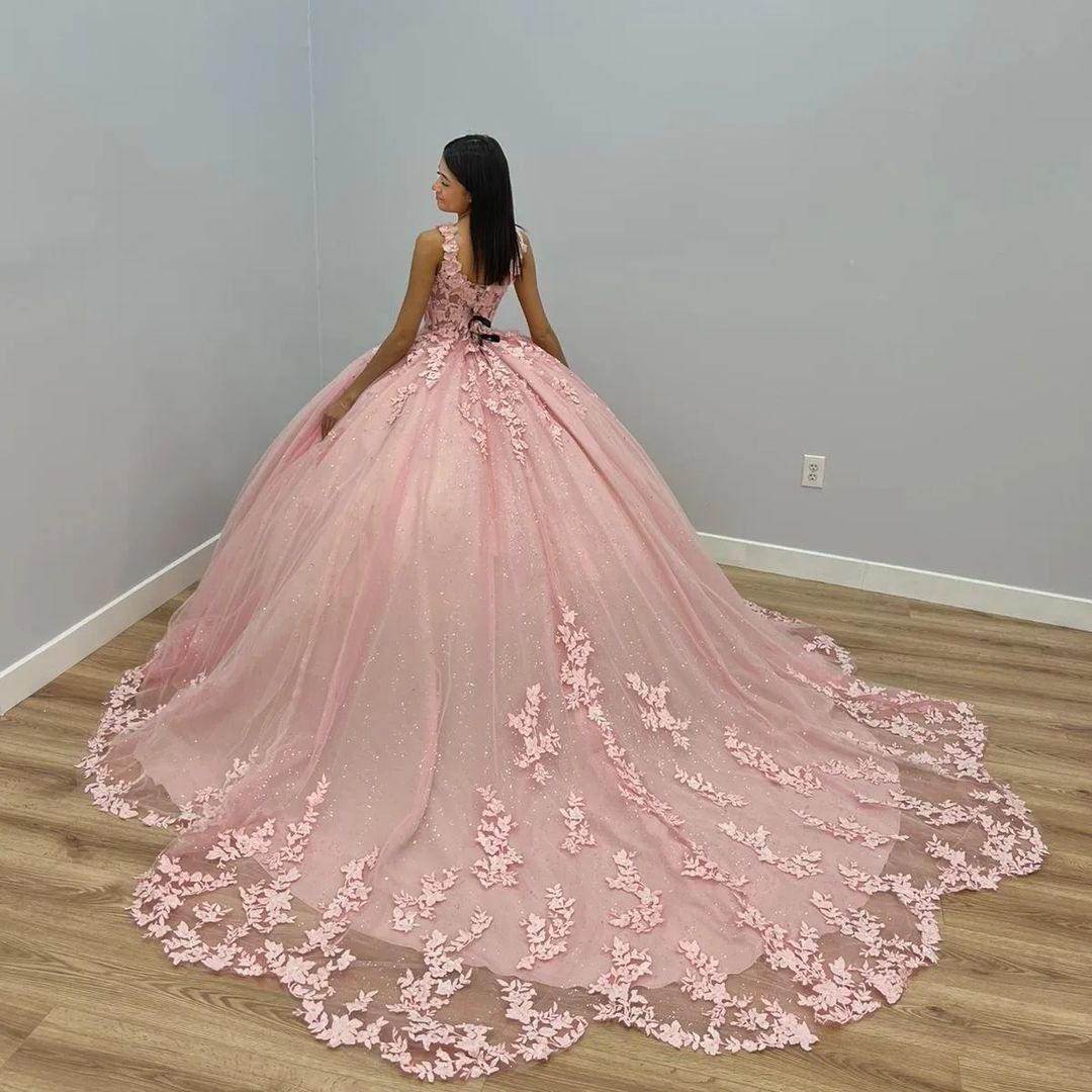 Pink Quinceanera Dresses with Lace Appliques Mexican Ball Gown 15th Birthday Dress  Y4675