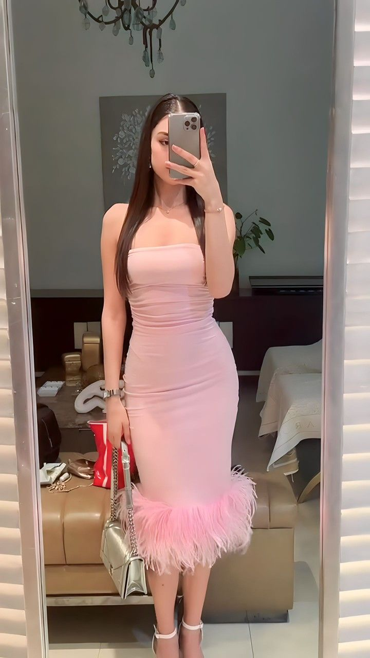 Pink Strapless Bandage Dress with Hem Feathers,Pink Short Prom Dress ,Y2457