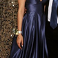 A-line Spaghetti Straps Long Prom Dresses, Navy Blue Long Prom Dresses Y6777