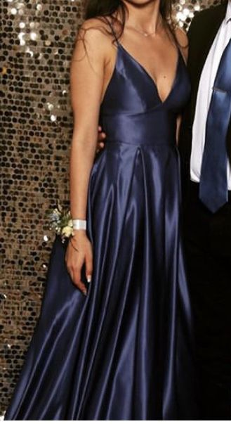 A-line Spaghetti Straps Long Prom Dresses, Navy Blue Long Prom Dresses Y6777