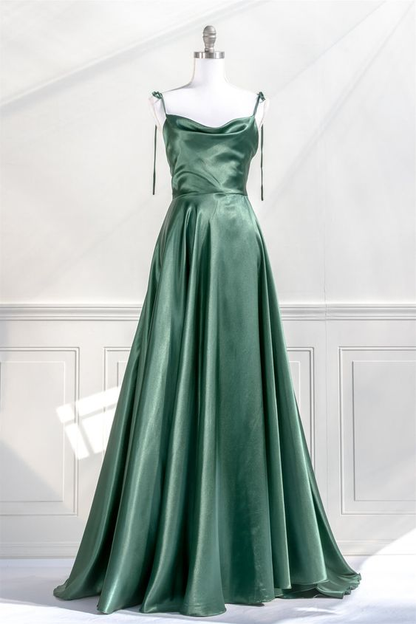 Satin Bow Tie Straps A-line Cowl Neck Long Prom Dress Y4312