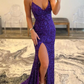 Long Mermaid V-neck Backless Sequin Prom Dress with Slit Purple Formal Graduation Evening Dresses Y7403