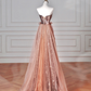 Vintage Rose Gold Strapless Tulle Sequins Beaded A Line Prom Dress Evening Dress Y8622