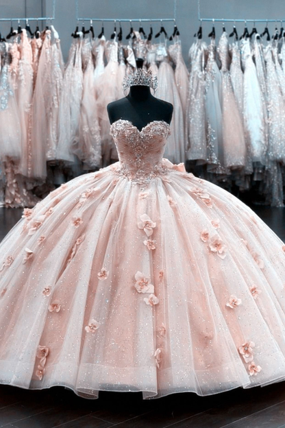 Elegant Blush Pink Tulle Ball Gown 15 Dress with 3D Flowers Y2582
