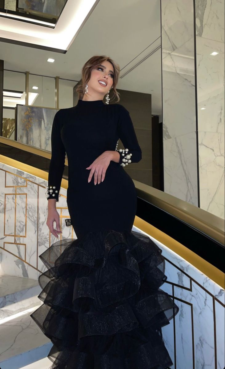 Black Evening Dress Puffy Skirt Long Sleeve Satin Mermaid Dubai Formal Evening Party Gowns  Y4908