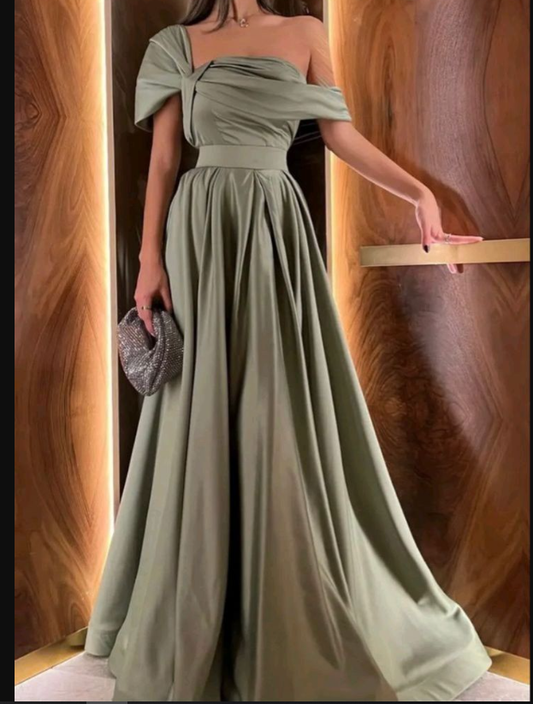 A-line Sage Satin Asymmetrical Neckline Evening Dress Y5345