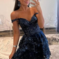 Navy Blue A-Line Sweetheart Lace Tiered Short Homecoming Dress Y8107