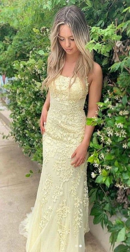 Elegant Yellow Backless Lace Prom Dress,Yellow Formal Gown Y7074