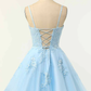 Light Blue A-line Spaghetti Straps Lace-Up Back Applique Mini Homecoming Dress Y2673