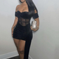 Black Sexy Patchwork Solid See-through Backless Off the Shoulder Homecoming Dress,Y2525