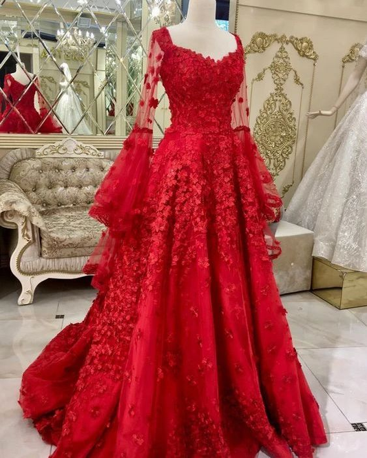 A-line red tulle and lace appliqued long plus size formal dress prom dress Y7048