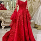 A-line red tulle and lace appliqued long plus size formal dress prom dress Y7048