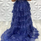 Off Shoulder Navy Blue Tulle Lace Long Prom Dresses, Off The Shoulder Lace Blue Evening Party Dresses Y2973