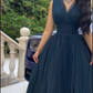 Modest A-line V Neck Tulle Long Prom Dress Y7190