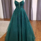 Hunter Green Floral Appliques Straps A-Line Prom Dress Y5735