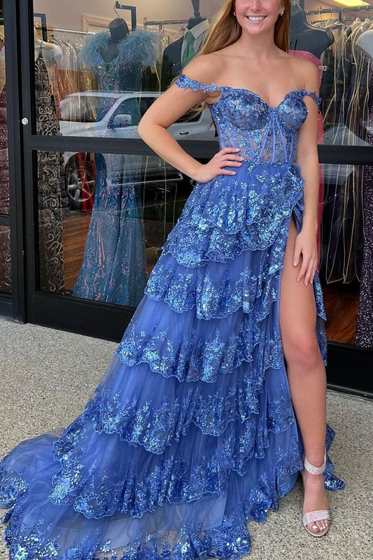 Modern A Line Off the Shoulder Blue Tulle Long Prom Dress With Sequin Lace Y6612
