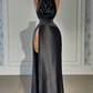 Black Long Evening Dress Satin Halter With High Slit Pleated Y6617