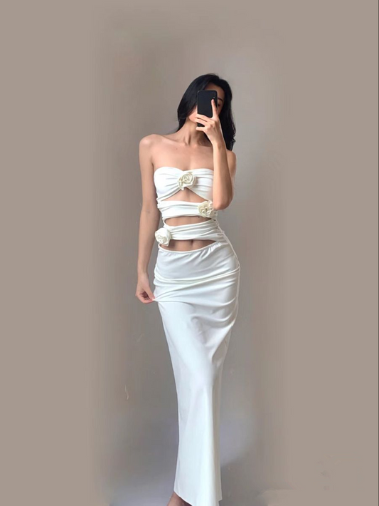 Chic White Strapless Prom Dress,White Party Gown Y5282