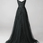 Black Tulle With Lace Straps A-line Prom Dress, Black Long Party Dress Y6139