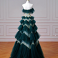 Vintage Dark Green Tulle Sequins Layered A Line Prom Dress,Strapless Evening Dress Y8606