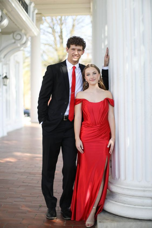 Red Off The Shoulder Prom Dress With Split,Red Evening Gown Y6568