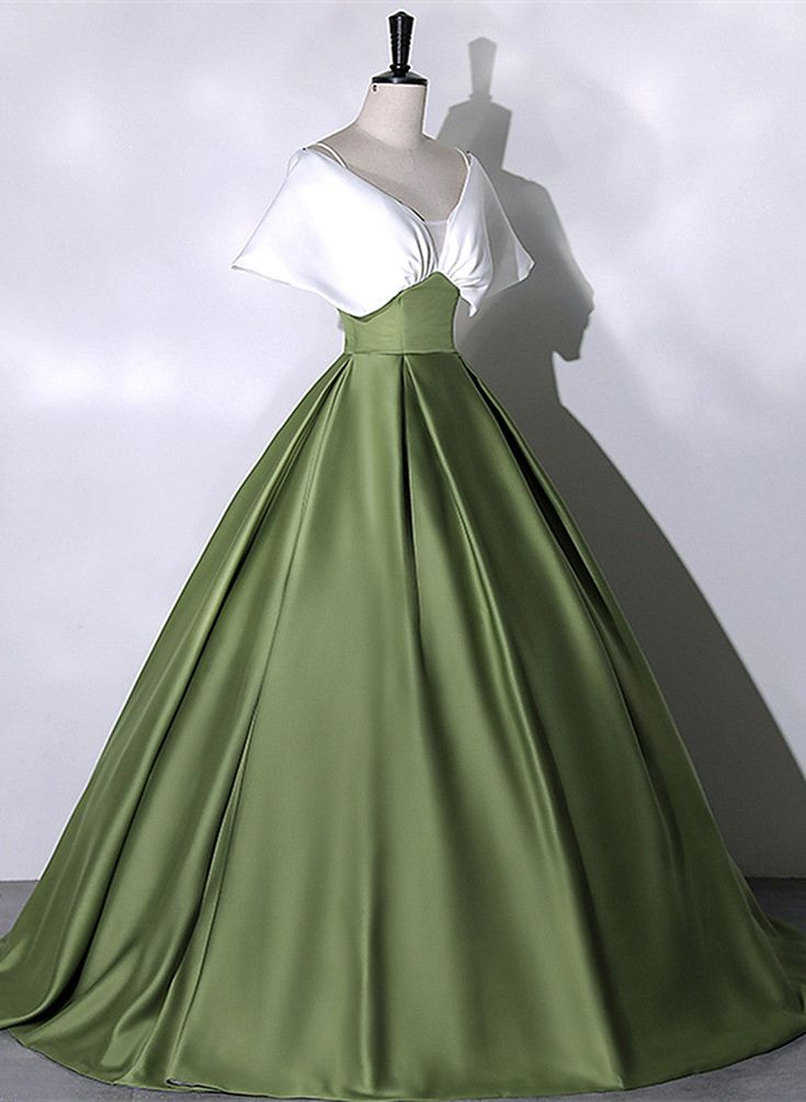 Green and White Satin Long Ball Gown Long Formal Dress Y7001