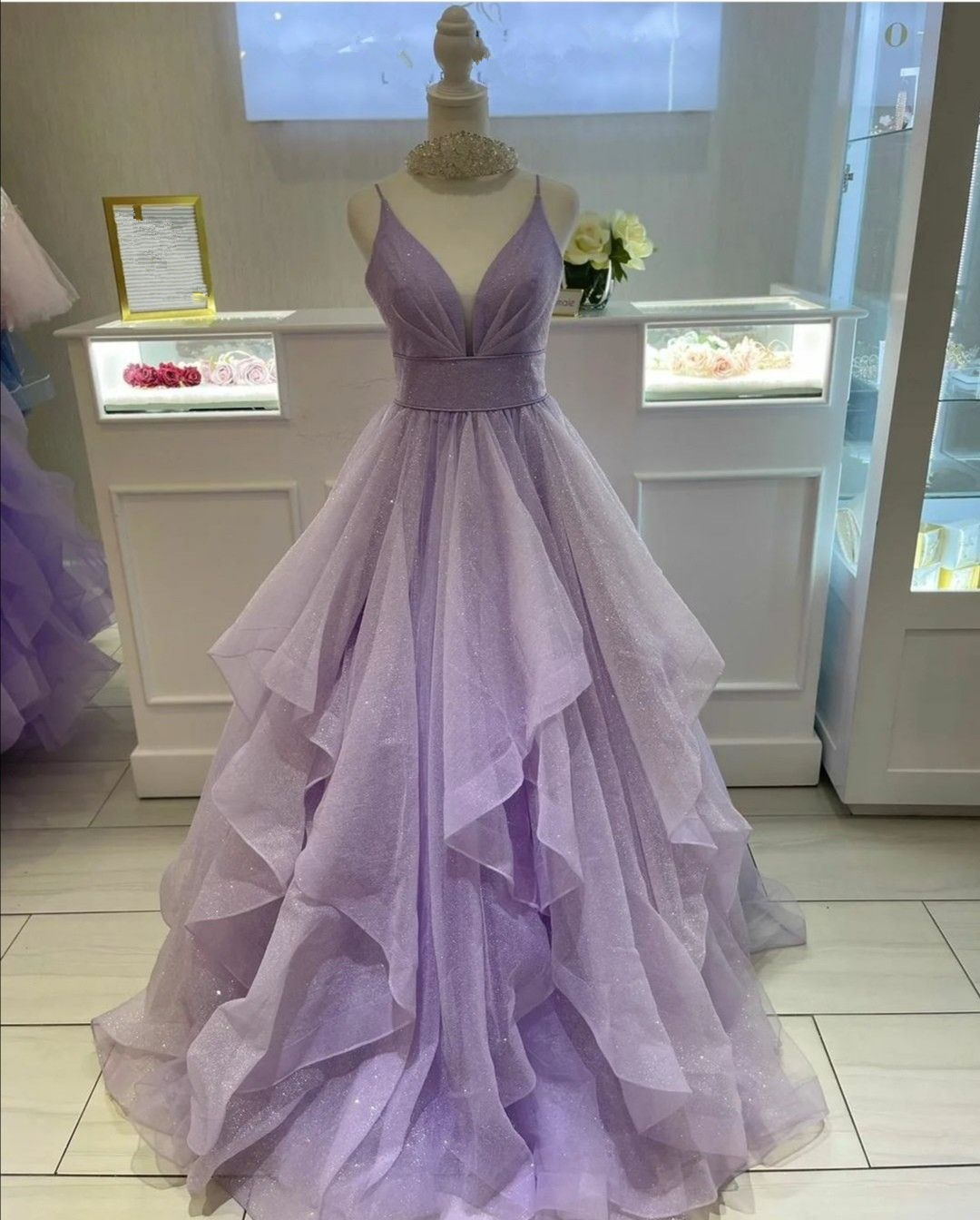 Purple A-line V Neck Ruffle Prom Dress,Glitter Purple Prom Gown,Y2461