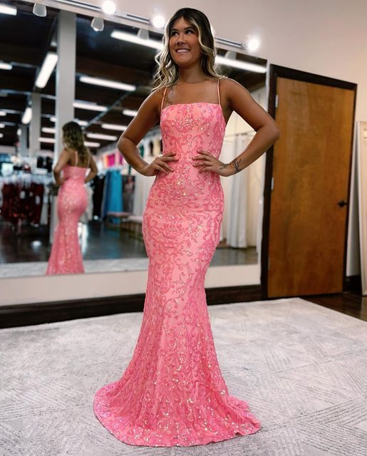 Modern Pink Long Spaghetti Straps Mermaid Prom Dress with Lace Y6451