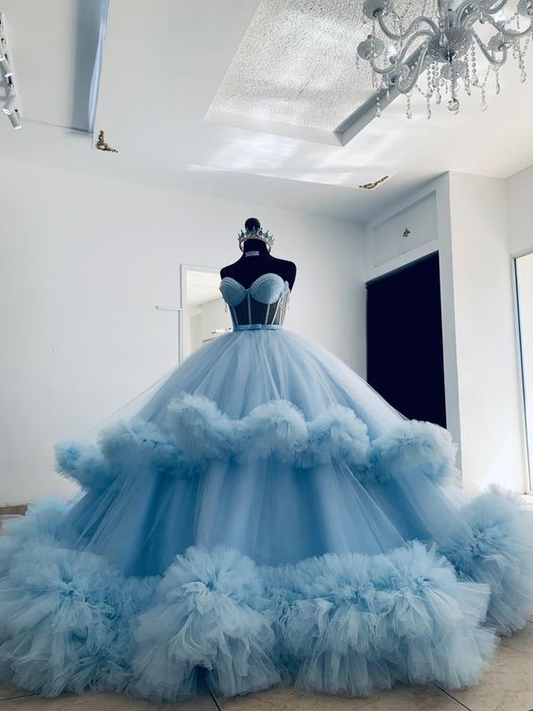 Luxury Handwork Ball Gown Fluffy Tulle Ruffles Quinceanera Dress Blue Coming Of Age Ceremony Party Dress For Formal Occasions Y6550