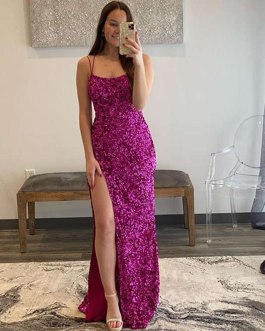 Spaghetti Straps Rose Red Sequin Mermaid Prom Dress with Side Slit Y6319
