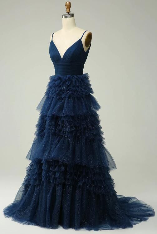 A Line Spaghetti Straps Navy Long Prom Dress With Ruffles Y6766
