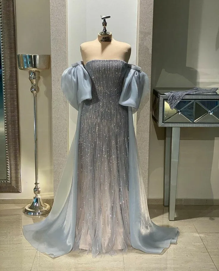 Dusty Blue Tulle Prom Dresses Strapless Floor Length Special Occasion Evening Dress Y4910