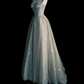 Charming Sage Green Long Tulle Lace Prom Dress A Line Party Evening Dress Y7544