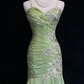 Vintage Green Mermaid Satin Beaded Sequin Evening Dress,Spaghetti Strap Long Prom Dress Y8556