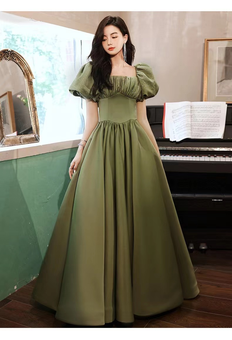 Green Evening Dress,Temperament,Long Bubble Sleeve Princess Dress Y4315