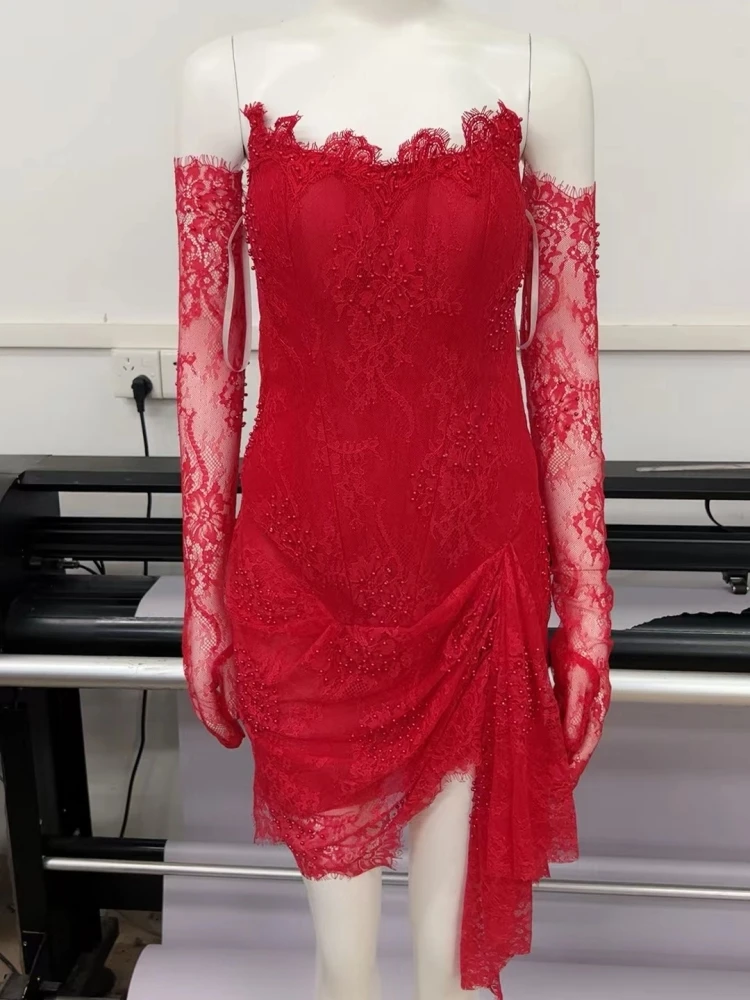 Red Lace Mini Homecoming Dress,Red Party Gown Y7387