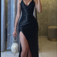 Simple Black Long Evening Dress, Custom High Slit Prom Dress Y4911