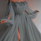 Gray Off The Shoulder Tulle Appliques Slit Prom Dress S23034