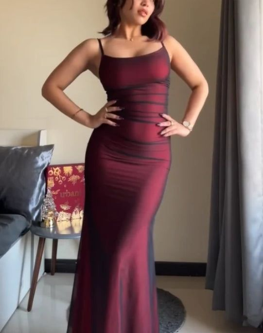 Vintage Burgundy Spaghetti Straps Prom Dress Evening Gown  Y7780