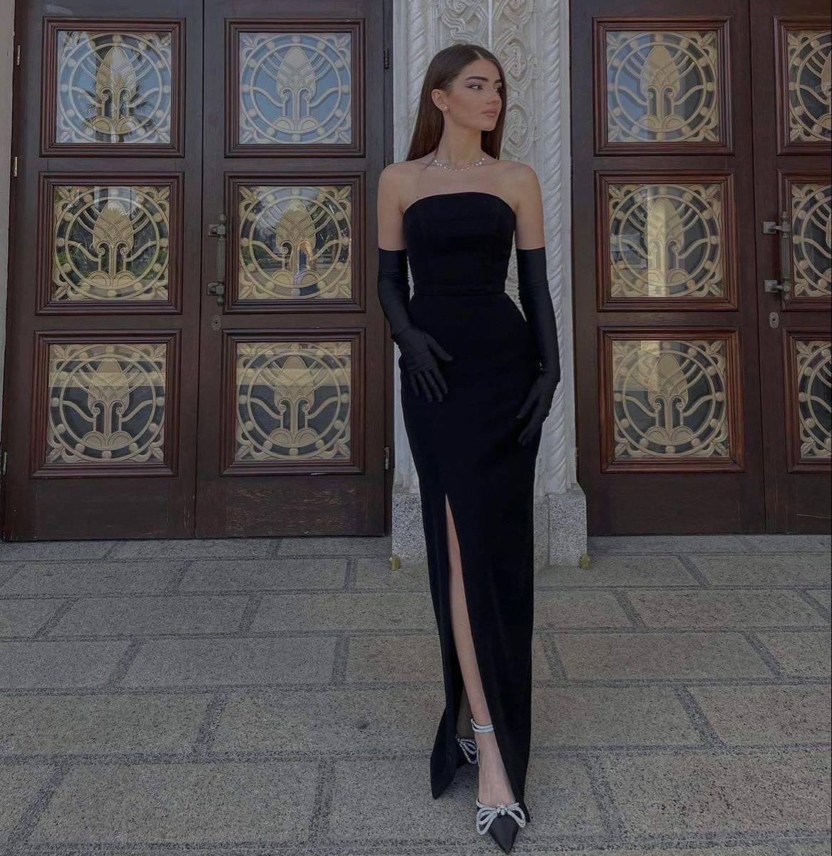 Modest Black Strapless Long Prom Dress with Split,Black Evening Dress Y4550