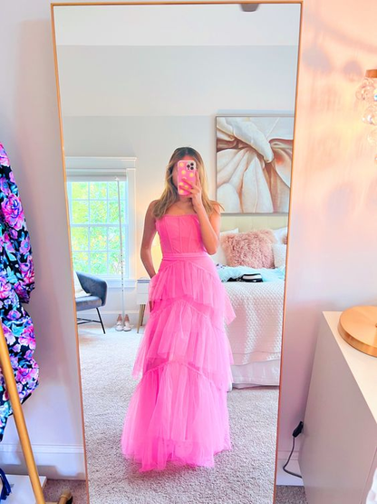 Spaghetti Straps Hot Pink Senior Tulle Prom Dress Y6985