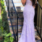 Purple Strapless Tulle Lace Appliques Evening Dress Mermaid Prom Dress Y7910