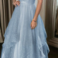 Elegant Blue Spaghetti Straps V-neck Tulle Long Prom Dresses Y6806