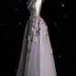 Charming V Neckline Gray Tulle Floral Ball Gown   Long Evening Gown Prom Dress Y7953