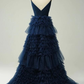 A Line Spaghetti Straps Navy Long Prom Dress With Ruffles Y6766