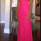 V-neck Spaghetti Straps Hot Pink Sequins Mermaid Long Evening Prom Dresses Y5437