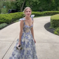 Blue Flower Pattern Prom Dress Spaghetti Strap Princess Formal Occasion Dresses A-line Party Dress Y2722